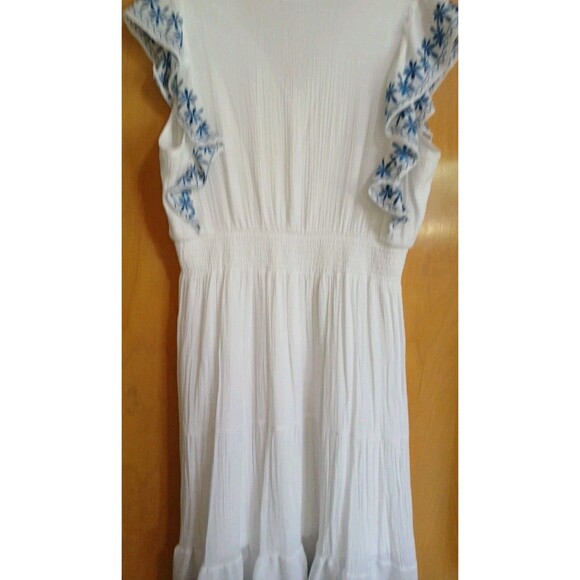 Kings Road White Sleeveless Dress Blue Embroidered Trim Lined Elastic/ Button LG - Picture 14 of 16